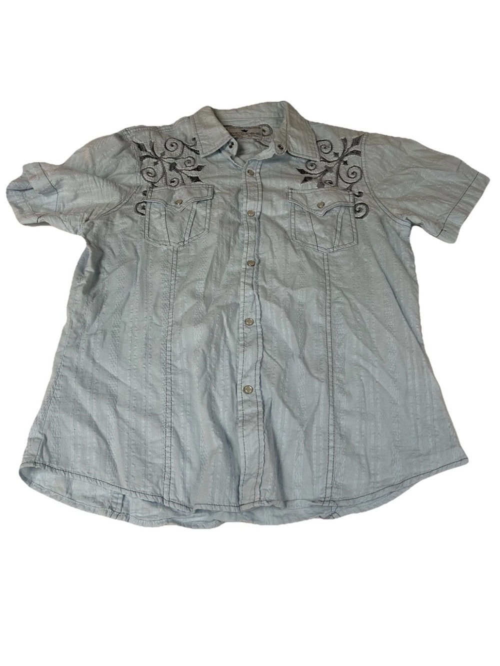 Pop Icon Clothing Buckle Men’s Size XL Short Sleeve Shirt Button Blue Embroidery